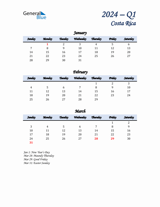 January, February, and March Calendar for Costa Rica with Sunday Start