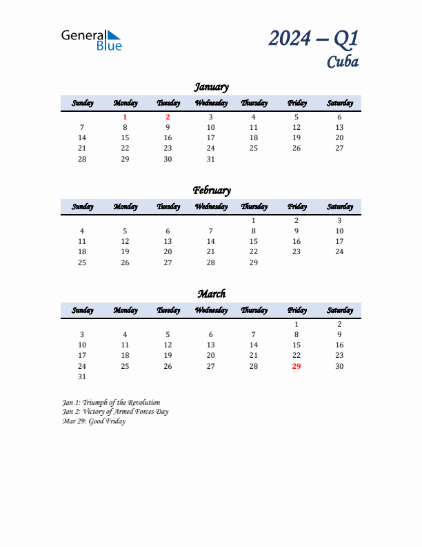 January, February, and March Calendar for Cuba with Sunday Start