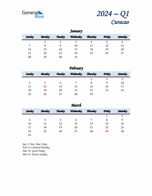 January, February, and March Calendar for Curacao with Sunday Start