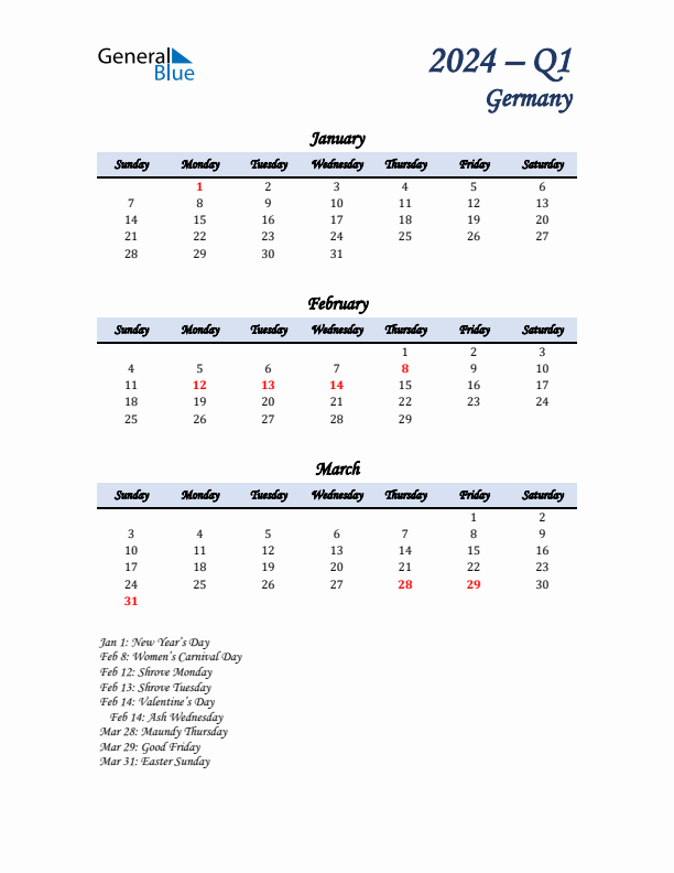 January, February, and March Calendar for Germany with Sunday Start