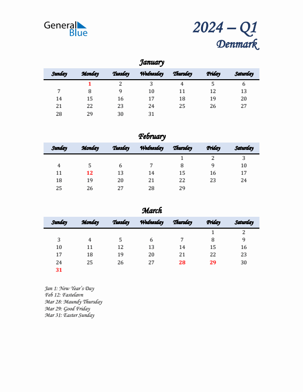 January, February, and March Calendar for Denmark with Sunday Start