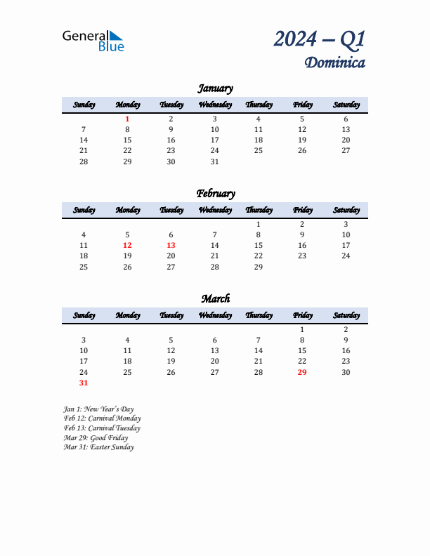 January, February, and March Calendar for Dominica with Sunday Start