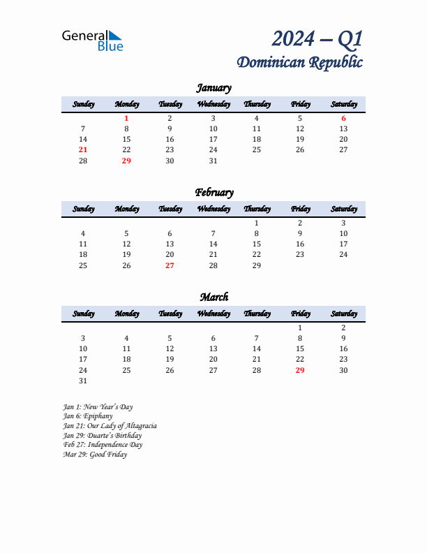 January, February, and March Calendar for Dominican Republic with Sunday Start