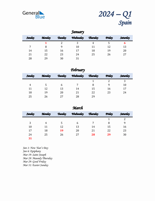 January, February, and March Calendar for Spain with Sunday Start