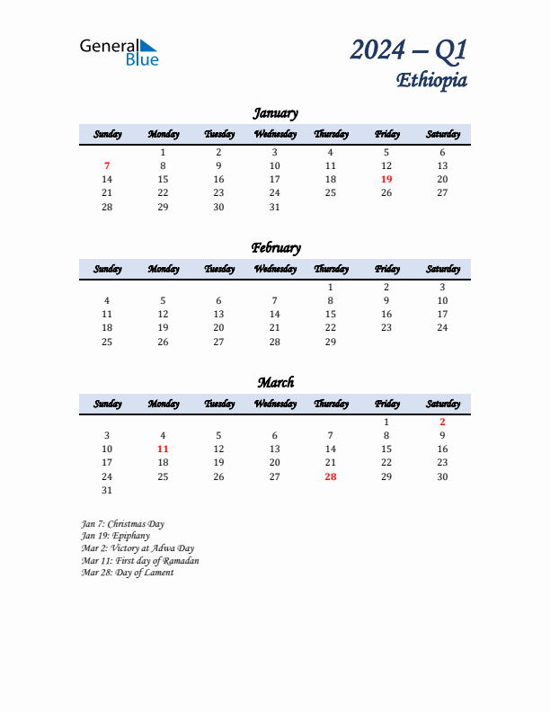 January, February, and March Calendar for Ethiopia with Sunday Start