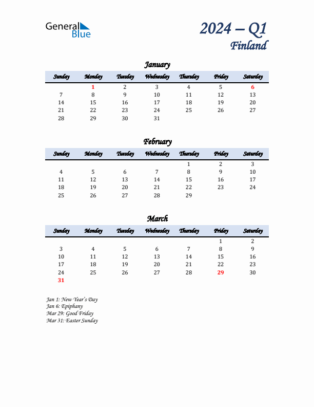 January, February, and March Calendar for Finland with Sunday Start