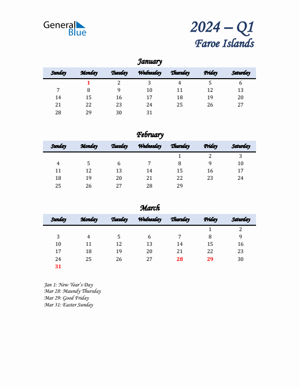 January, February, and March Calendar for Faroe Islands with Sunday Start