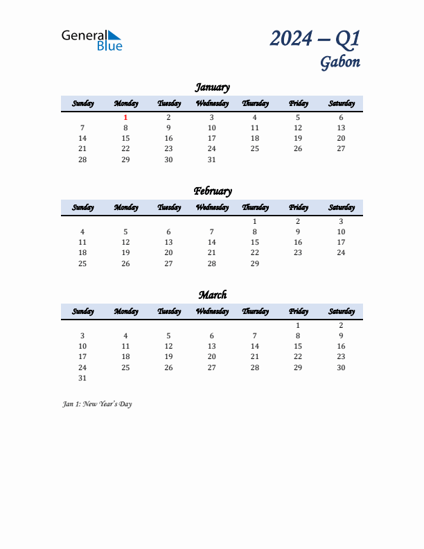 January, February, and March Calendar for Gabon with Sunday Start