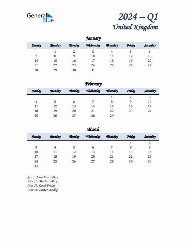 January, February, and March Calendar for United Kingdom with Sunday Start