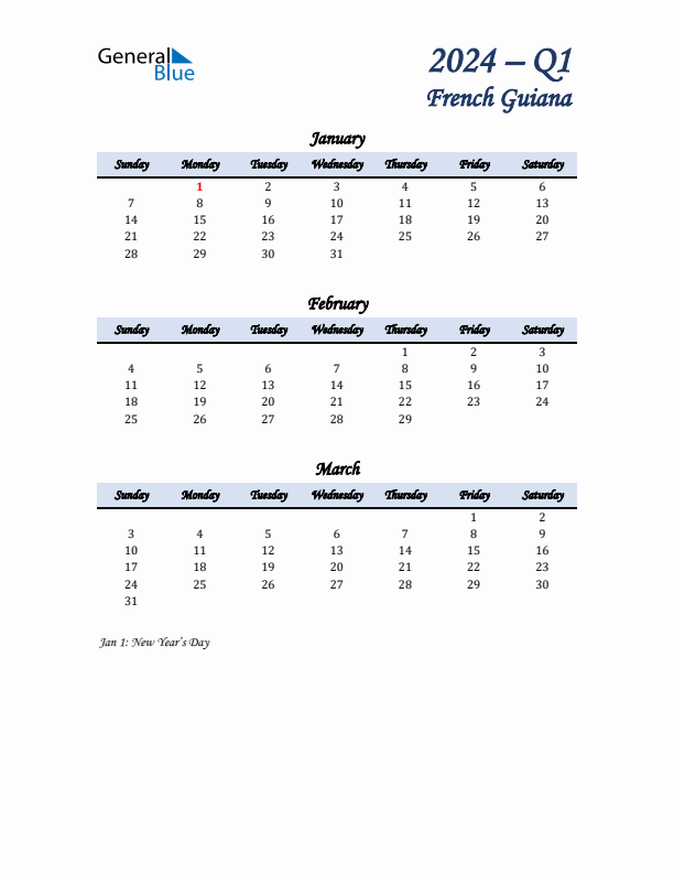 January, February, and March Calendar for French Guiana with Sunday Start