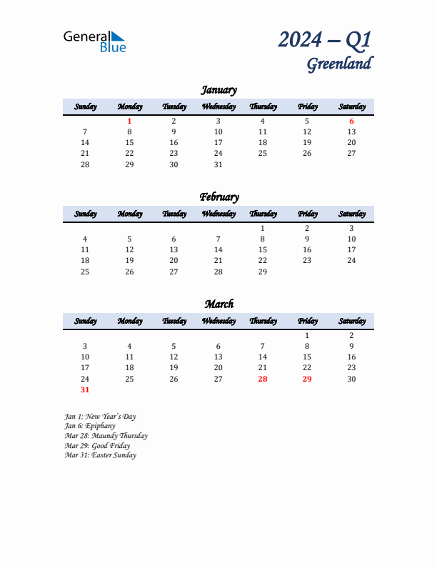 January, February, and March Calendar for Greenland with Sunday Start