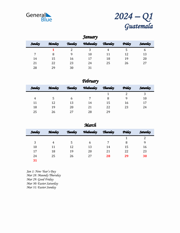 January, February, and March Calendar for Guatemala with Sunday Start