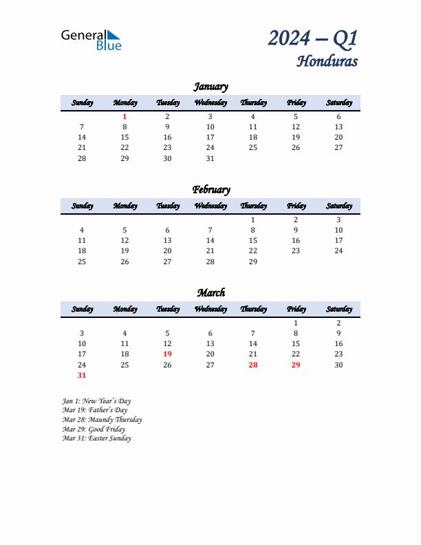 January, February, and March Calendar for Honduras with Sunday Start