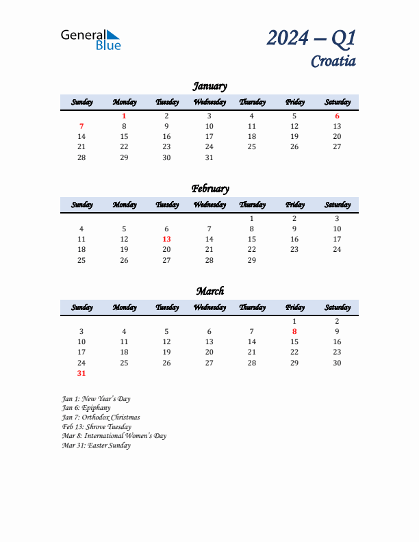 January, February, and March Calendar for Croatia with Sunday Start