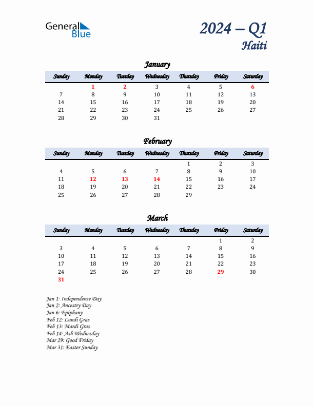 January, February, and March Calendar for Haiti with Sunday Start