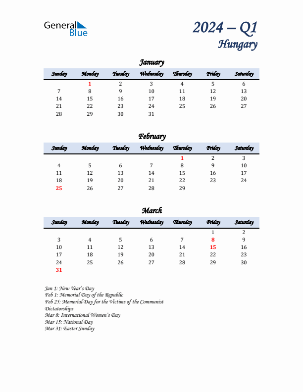 January, February, and March Calendar for Hungary with Sunday Start