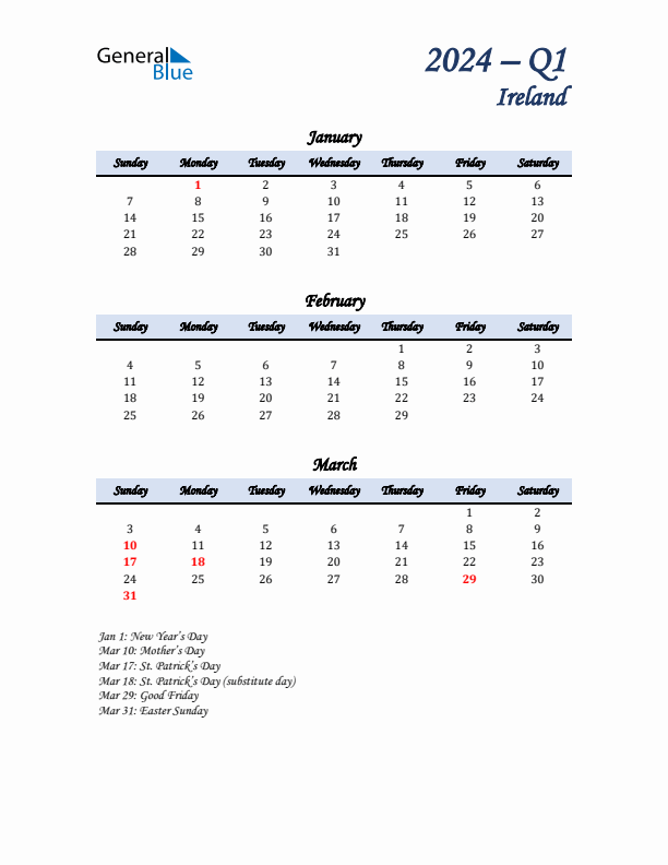 January, February, and March Calendar for Ireland with Sunday Start