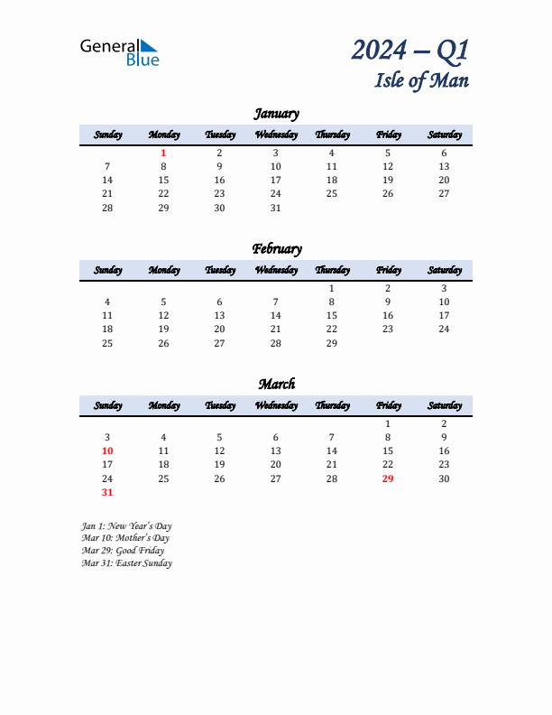 January, February, and March Calendar for Isle of Man with Sunday Start