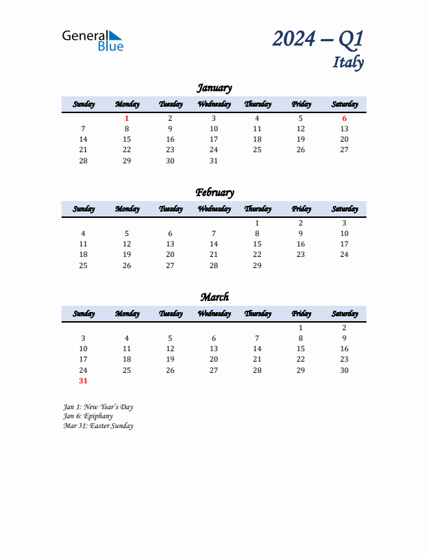 January, February, and March Calendar for Italy with Sunday Start