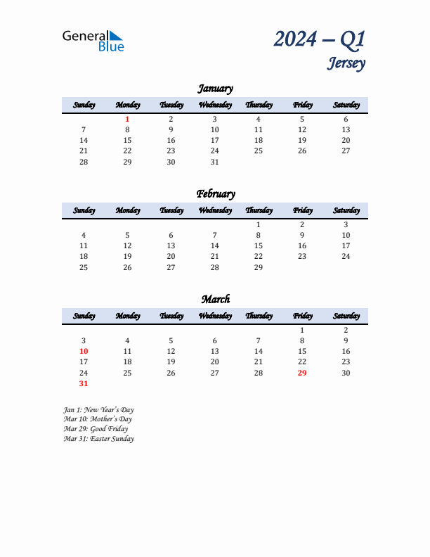 January, February, and March Calendar for Jersey with Sunday Start