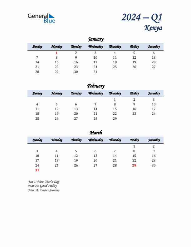 January, February, and March Calendar for Kenya with Sunday Start