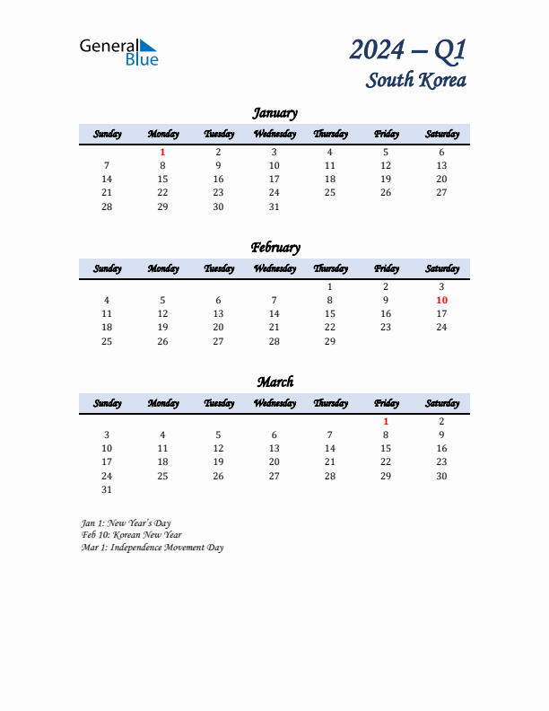 January, February, and March Calendar for South Korea with Sunday Start