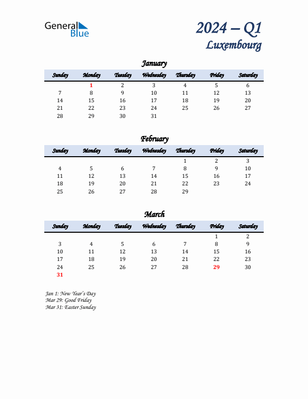 January, February, and March Calendar for Luxembourg with Sunday Start