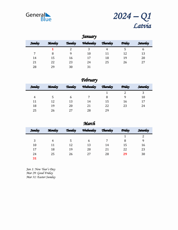 January, February, and March Calendar for Latvia with Sunday Start