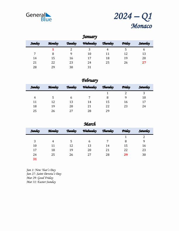 January, February, and March Calendar for Monaco with Sunday Start