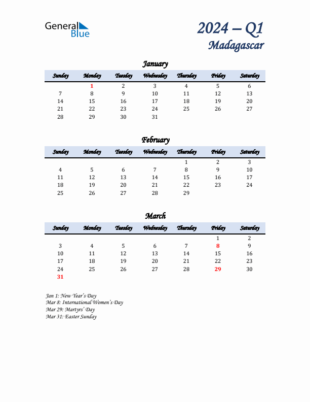 January, February, and March Calendar for Madagascar with Sunday Start