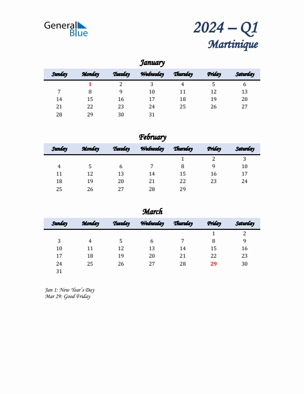 January, February, and March Calendar for Martinique with Sunday Start