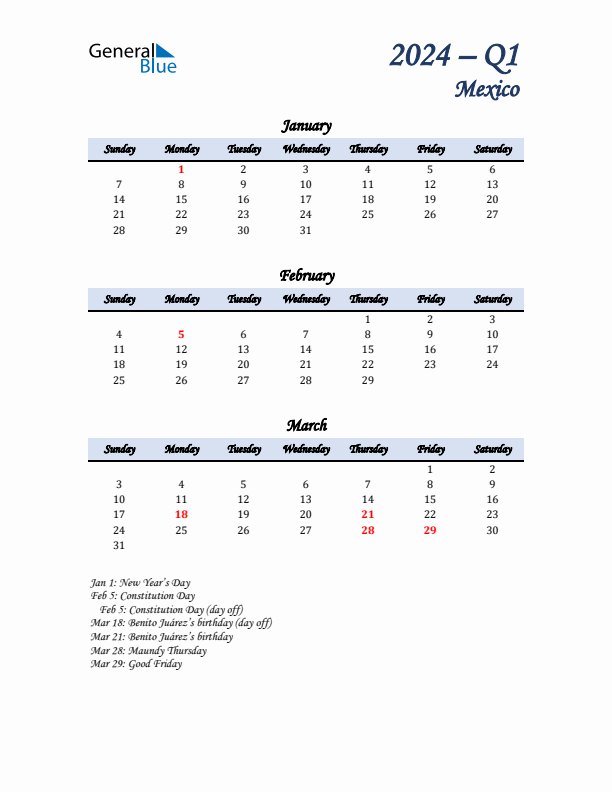 January, February, and March Calendar for Mexico with Sunday Start