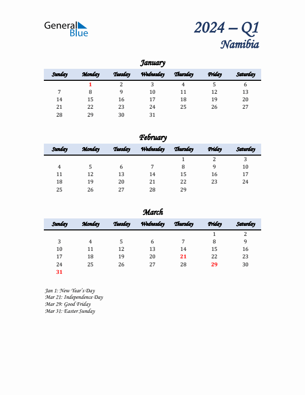 January, February, and March Calendar for Namibia with Sunday Start