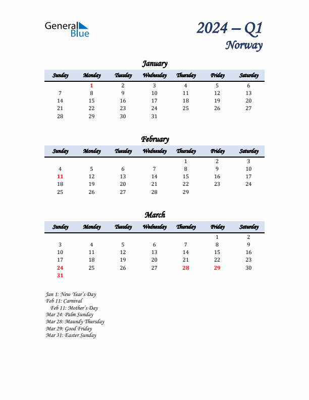 January, February, and March Calendar for Norway with Sunday Start