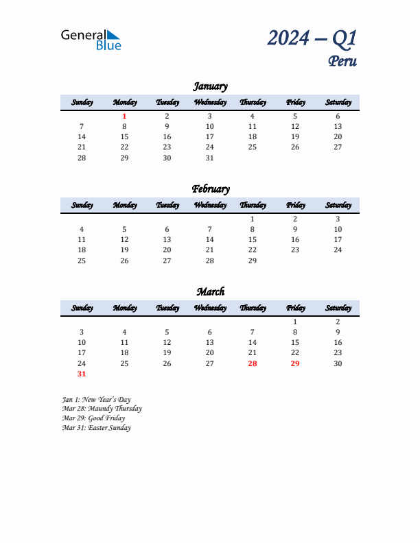 January, February, and March Calendar for Peru with Sunday Start