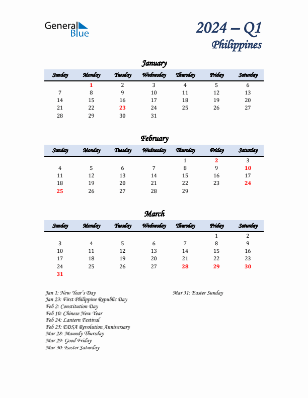 January, February, and March Calendar for Philippines with Sunday Start