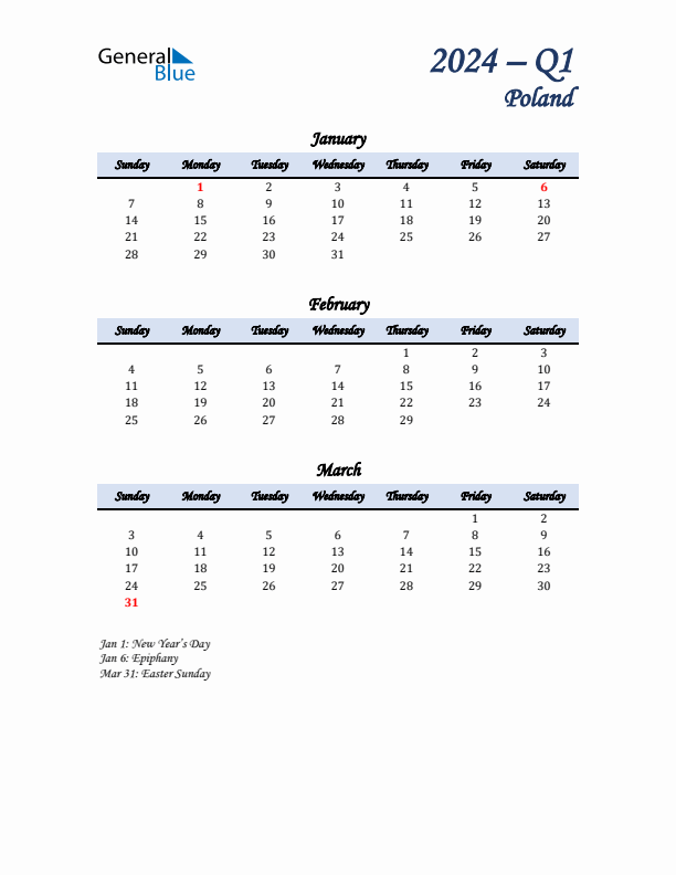 January, February, and March Calendar for Poland with Sunday Start