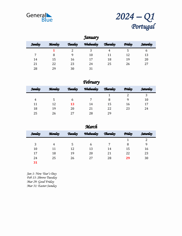 January, February, and March Calendar for Portugal with Sunday Start