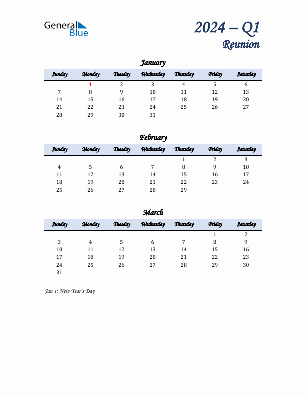 January, February, and March Calendar for Reunion with Sunday Start