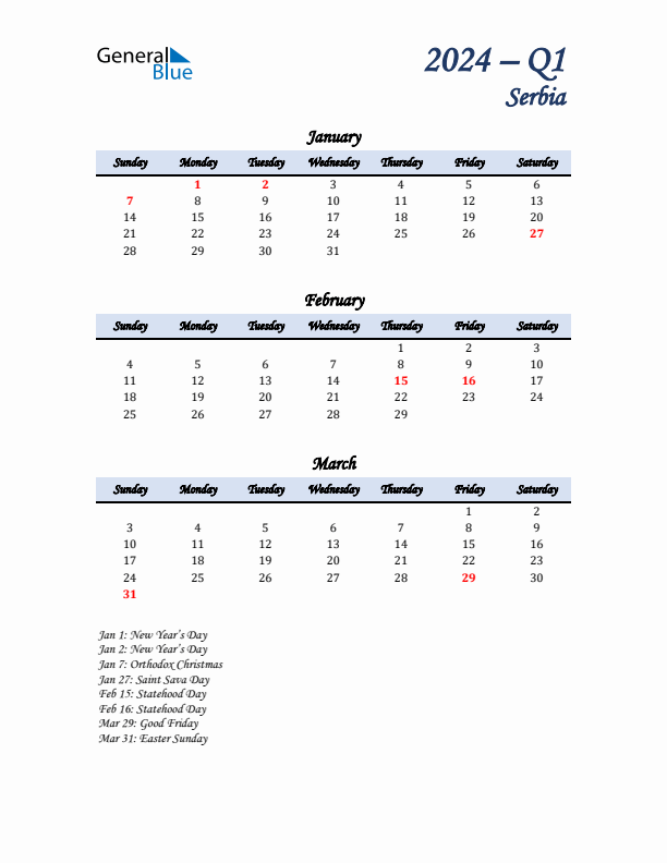 January, February, and March Calendar for Serbia with Sunday Start