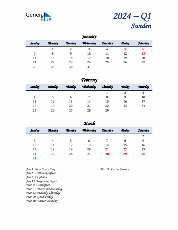 January, February, and March Calendar for Sweden with Sunday Start