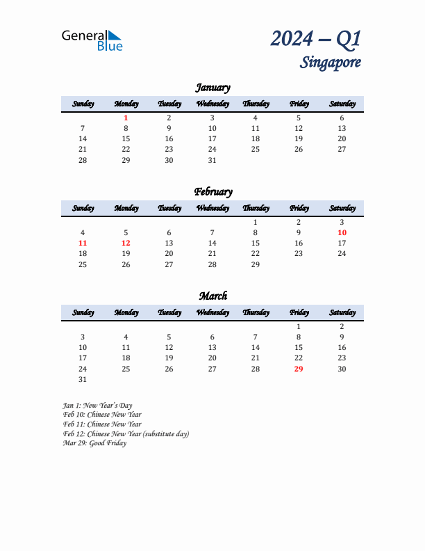 January, February, and March Calendar for Singapore with Sunday Start