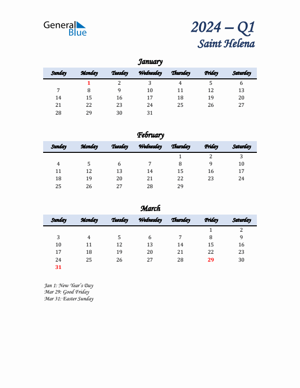 January, February, and March Calendar for Saint Helena with Sunday Start