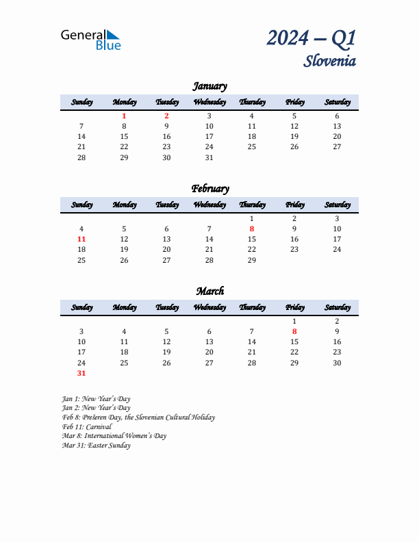 January, February, and March Calendar for Slovenia with Sunday Start