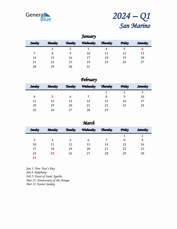 January, February, and March Calendar for San Marino with Sunday Start