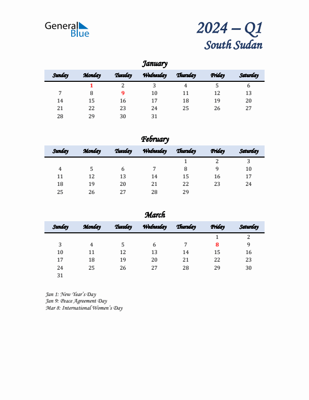 January, February, and March Calendar for South Sudan with Sunday Start