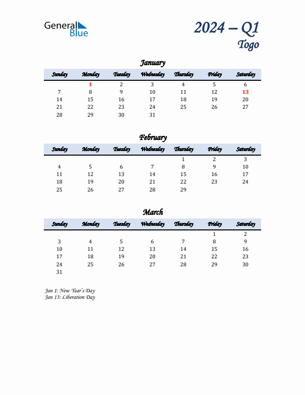 January, February, and March Calendar for Togo with Sunday Start