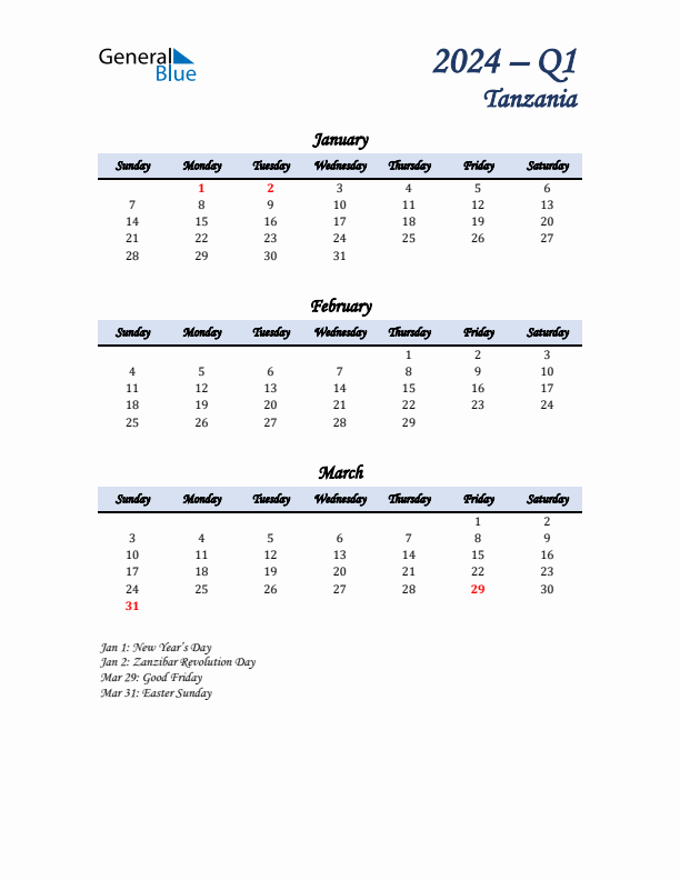 January, February, and March Calendar for Tanzania with Sunday Start