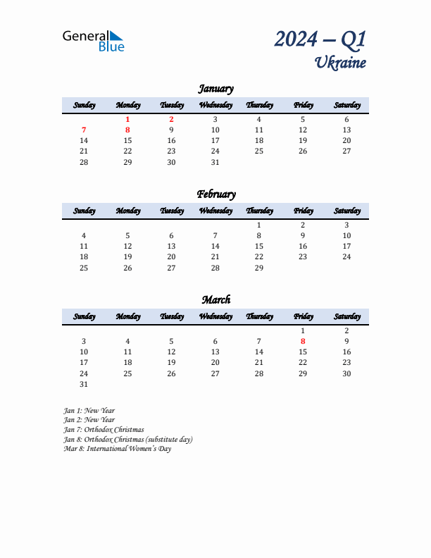 January, February, and March Calendar for Ukraine with Sunday Start