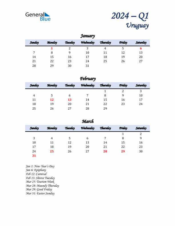 January, February, and March Calendar for Uruguay with Sunday Start